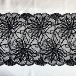 Dentelle de Calais 18,5 cm noire fleurs - 135 cm
