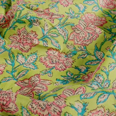 Voile de coton fleurs lime